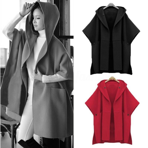 Poncho Style Oversized Coat Jacket with Hood - Picture 2 of 3